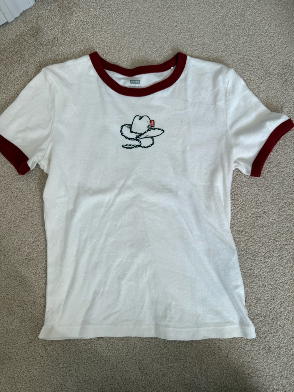 Levi's White Ringer Tee with Burgundy Trim and Cowboy Hat Graphic
